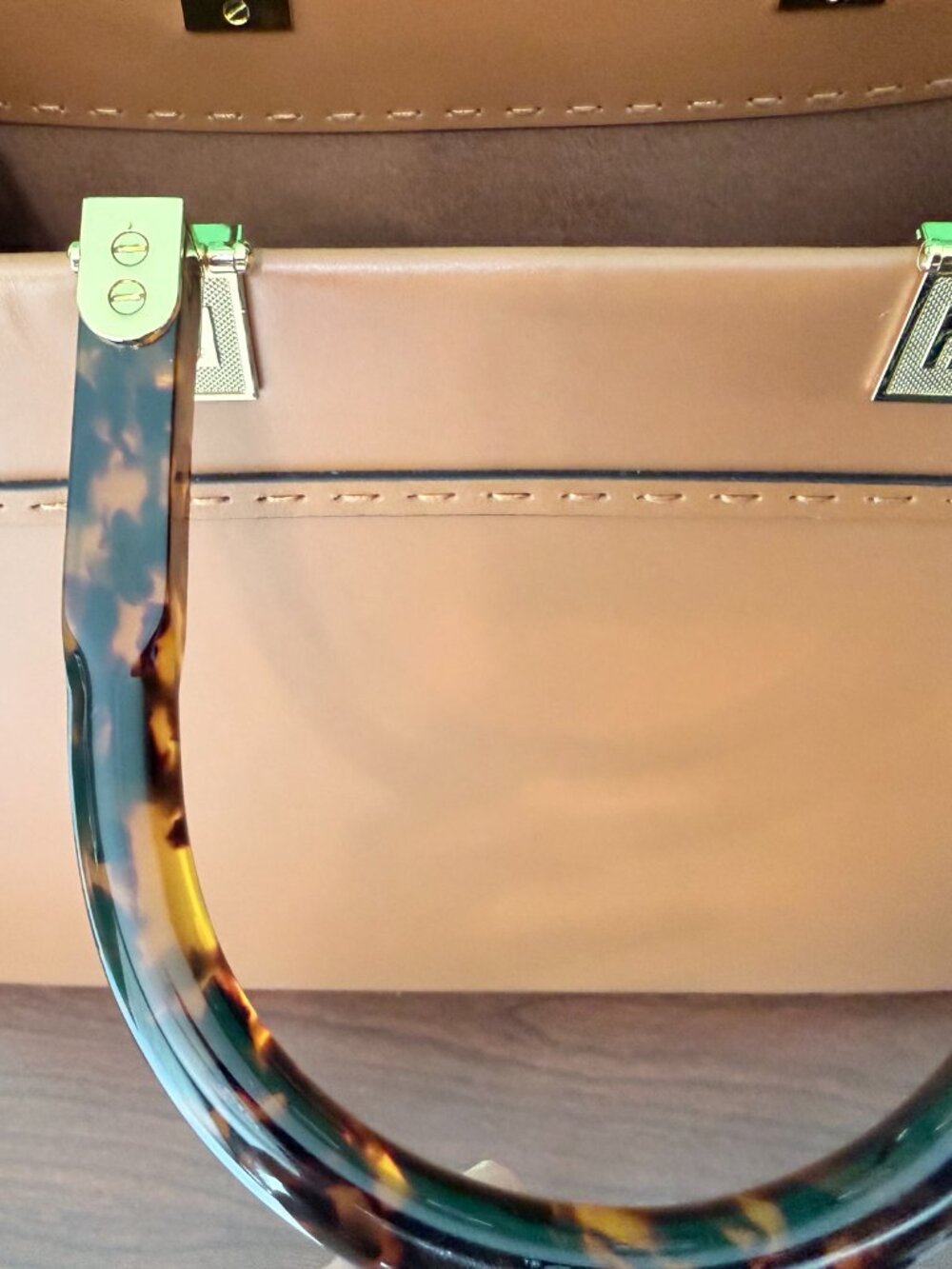 Luxury Inspired Structured Tote | Brown Faux Leather | Tortoiseshell Handles - Picture 5 of 5